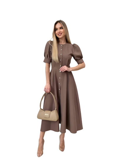 Elegant Women's Brown Midi Dress with Pearls Button Detail