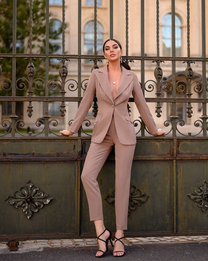 Elegant Womens Suit Jacket and Trousers Set in Soft Brown Crepe Diagonal