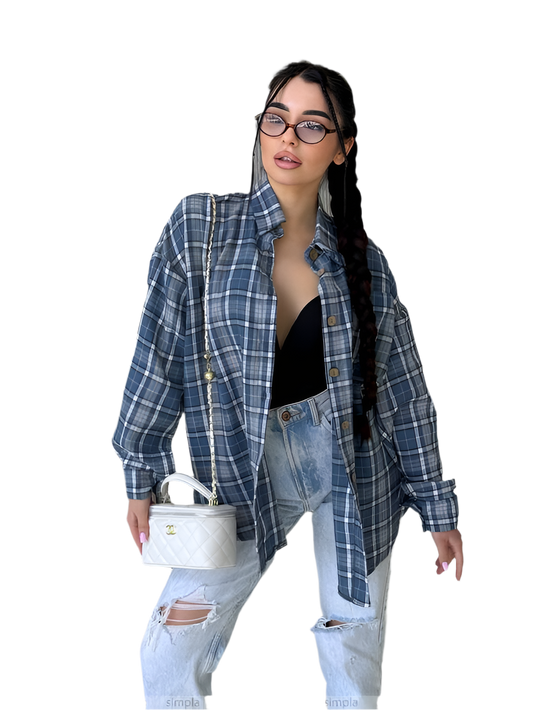 Trendy Loose Fit Blue Plaid Shirt in Turkish Flannel