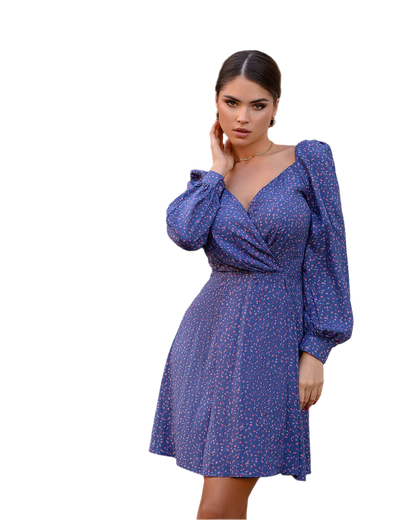Floral Print Staple Dress with Long Sleeves in Blue