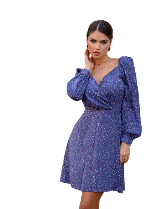 Floral Print Staple Dress with Long Sleeves in Blue