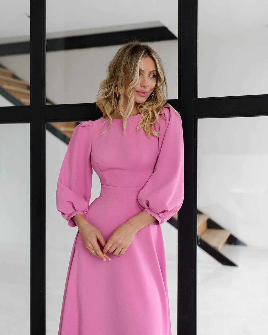 Elegant Midi Dress in Premium Diagonal Suiting Crepe with Puff Sleeves and Back Cutout
