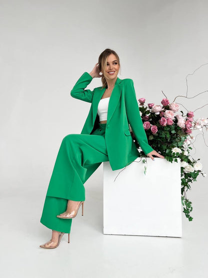 Grass Green Palazzo Suit Diagonal Crepe Womens Wide Leg Two Piece