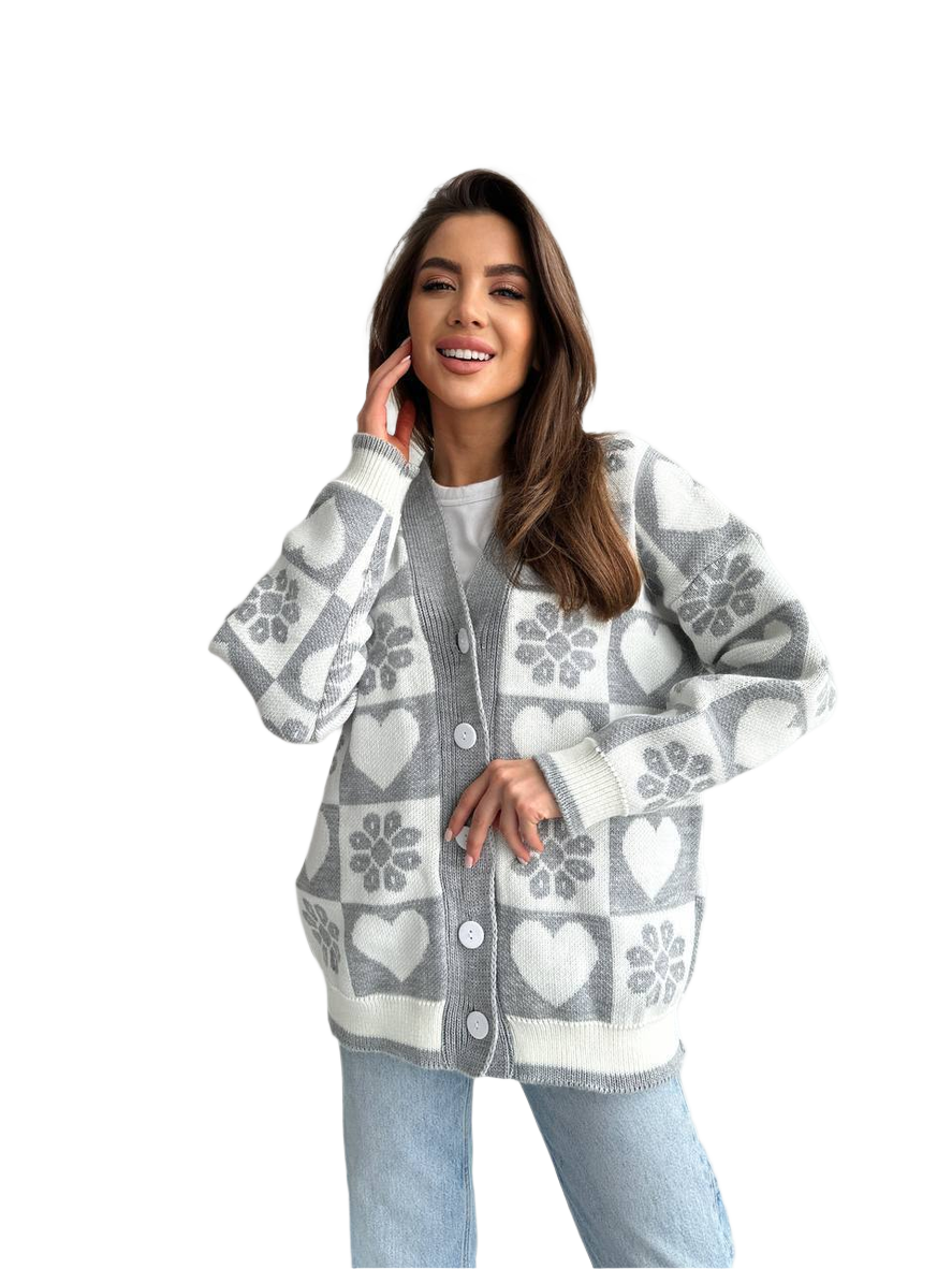 Warm Knitted Cardigan for Women with Heart and Flower Pattern