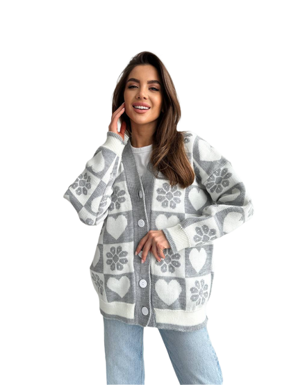Warm Knitted Cardigan for Women with Heart and Flower Pattern