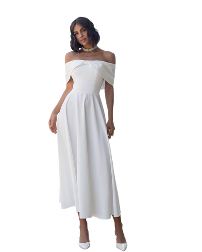 Elegant Off Shoulder Midi Dress in Premium Suit Cream Diagonal Fabric