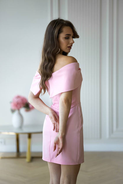 Elegant Off Shoulder Mini Dress with Corset Base in Powder Pink