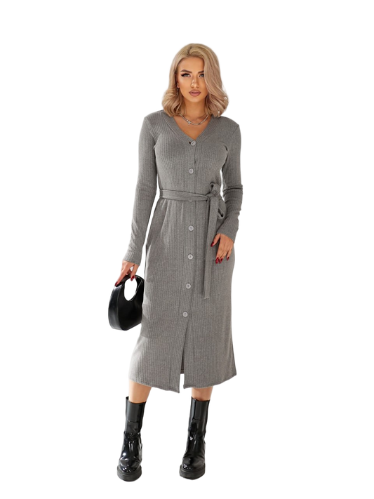 Gray Knit Midi Dress Long Sleeve Button Front Belted Viscose Blend