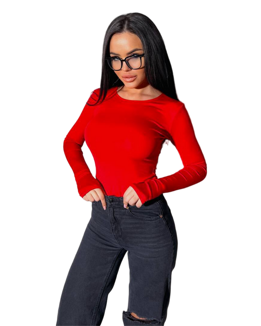 Red Microdiving Thumbhole Long Sleeve Top Slim Fit Basic Longsleeve