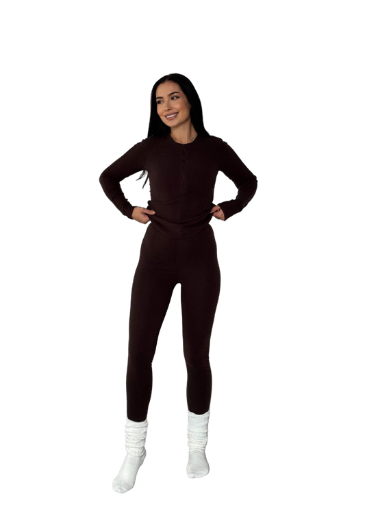 Women Brown Thermal Suit Soft Elastic Thermal Set Warm Two Piece Thermal Outfit