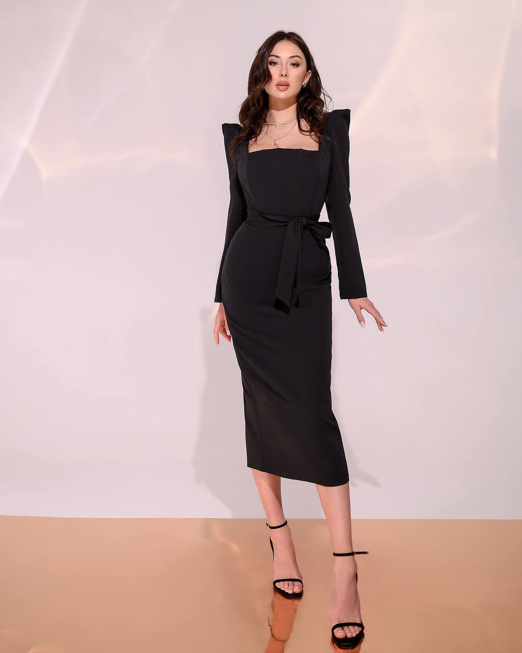 Womens Fitted Midi Dress with Square Neckline and Tie Waist