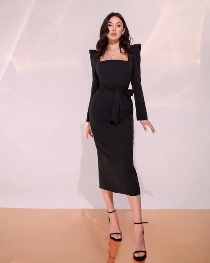 Womens Fitted Midi Dress with Square Neckline and Tie Waist