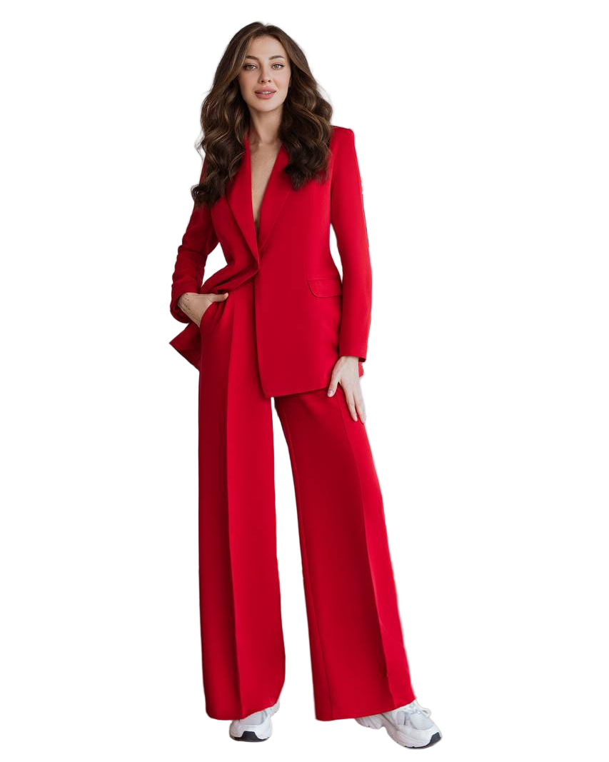 Red Diagonal Crepe Palazzo Suit Women Tailored Blazer Wide Leg Pants