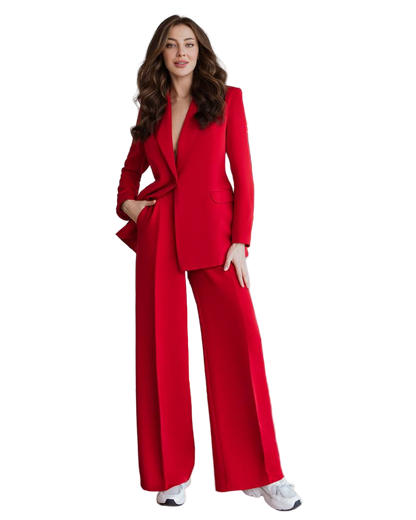 Red Diagonal Crepe Palazzo Suit Women Tailored Blazer Wide Leg Pants