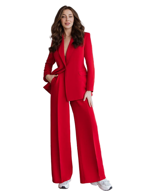 Red Diagonal Crepe Palazzo Suit Women Tailored Blazer Wide Leg Pants