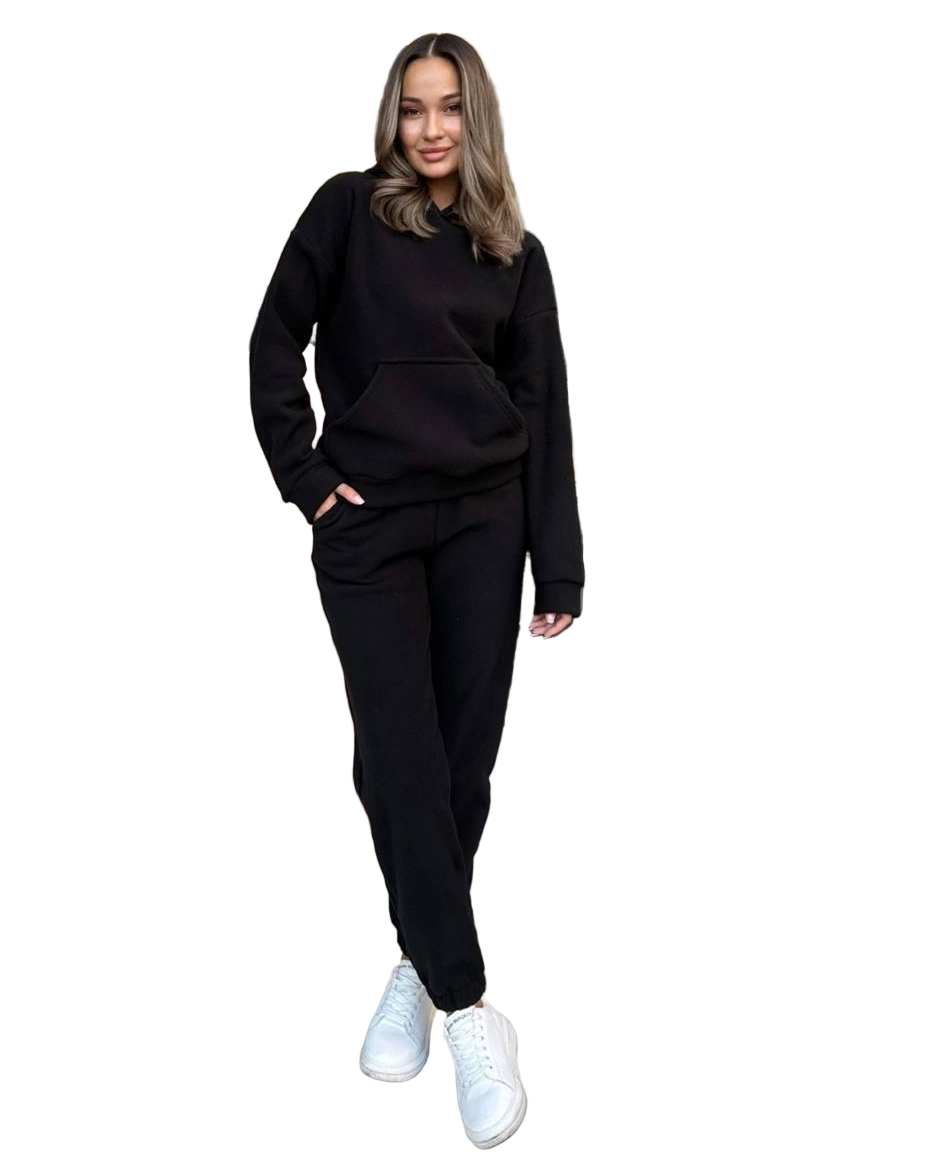 Women Black Polar Fleece Tracksuit Warm Sweat Set Joggers Top