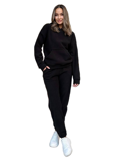 Women Black Polar Fleece Tracksuit Warm Sweat Set Joggers Top