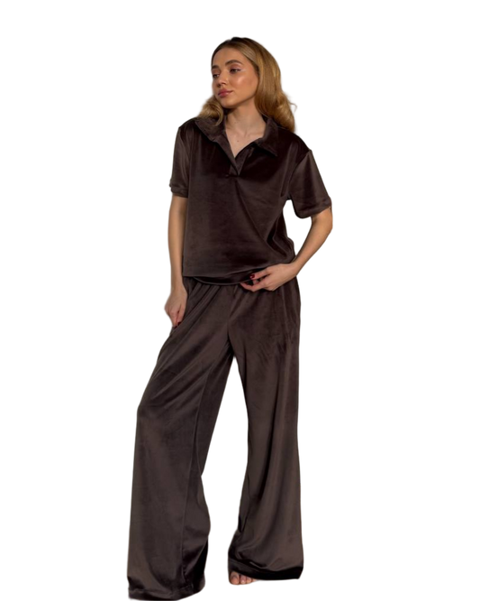 Chocolate Velour Pajama Set Plush Loungewear Women
