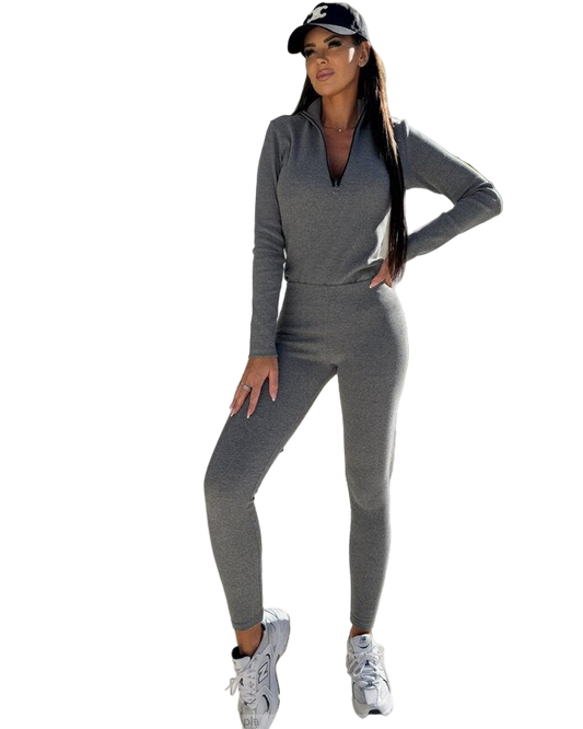 Gray Elastic Turkish Ribbed Tracksuit for Women
