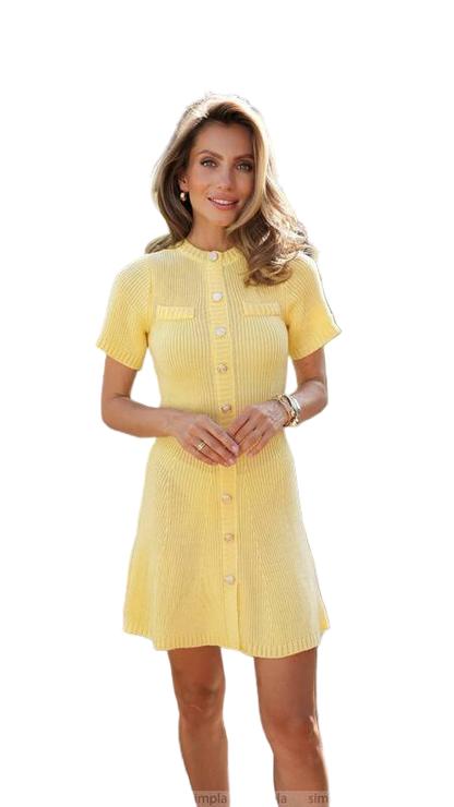 Yellow Short Knitted Dress with Button Placket
