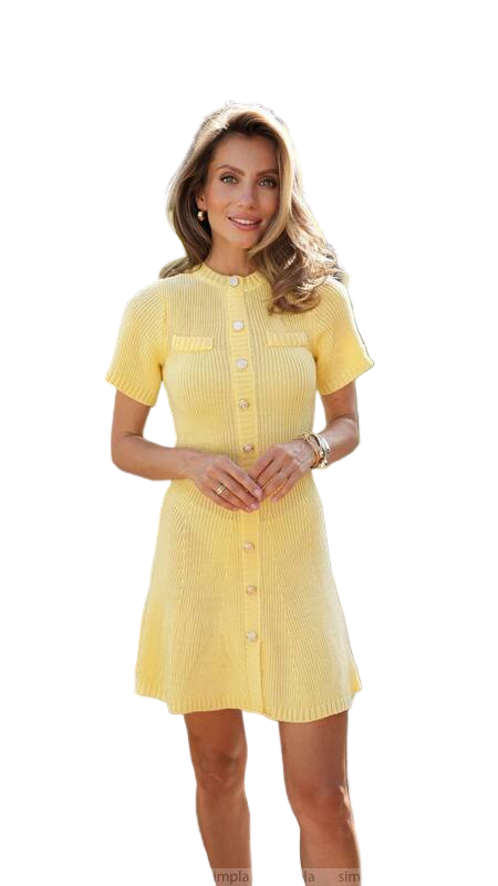 Yellow Short Knitted Dress with Button Placket