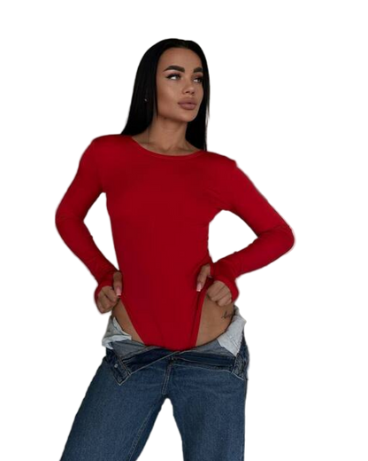 Womens Red Long Sleeve Bodysuit Microdive Fabric