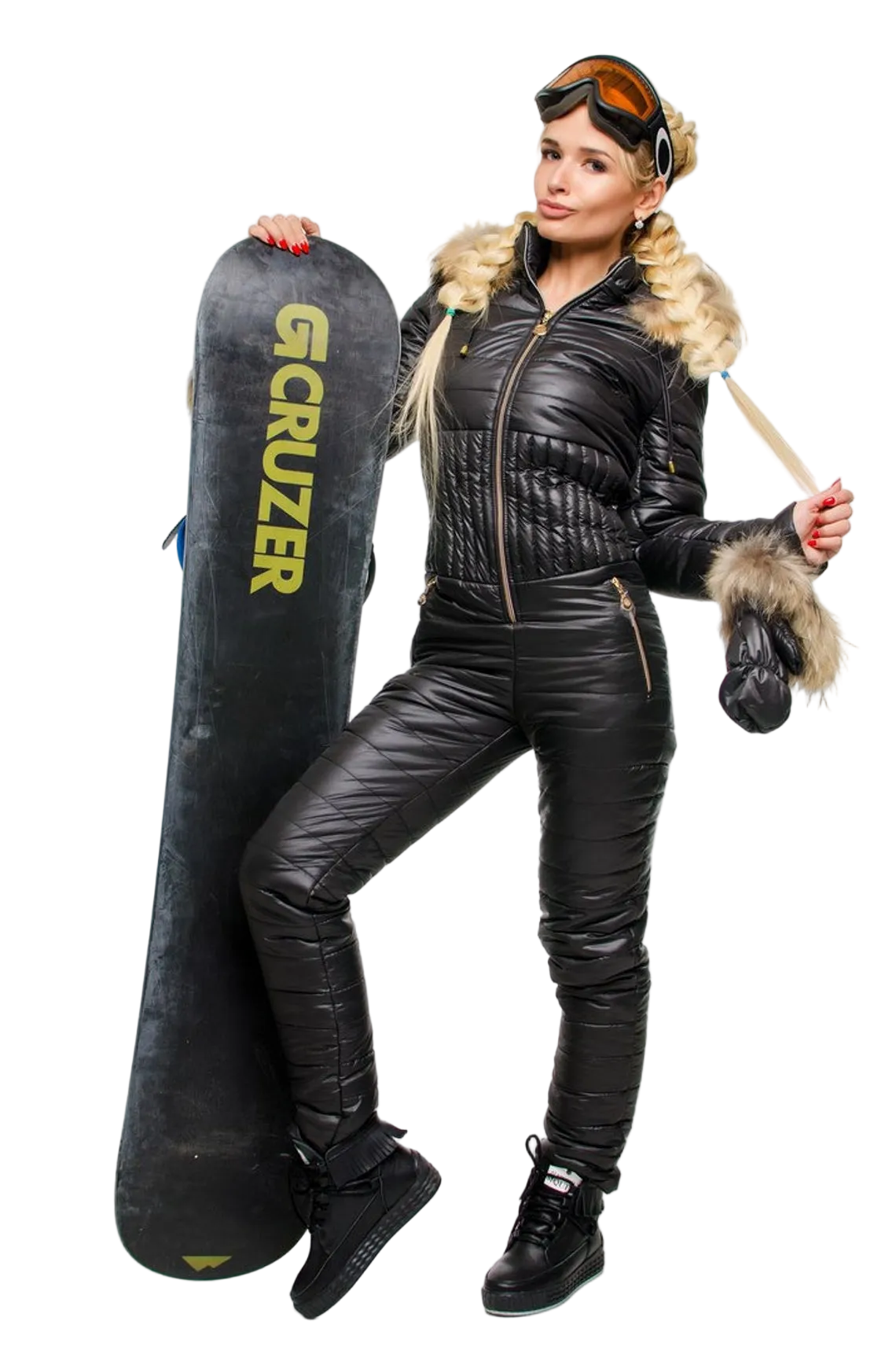 SALE Womens Black Winter Overall Ski Jumpsuit with Fur Trim Hood Faux Fur Mittens Silicon Filled Shiny Fabric