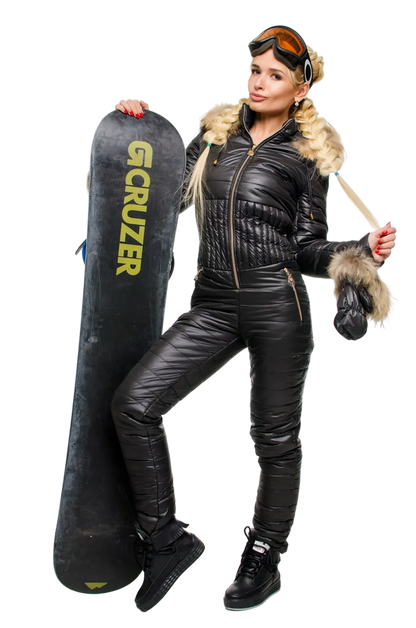 SALE Womens Black Winter Overall Ski Jumpsuit with Fur Trim Hood Faux Fur Mittens Silicon Filled Shiny Fabric