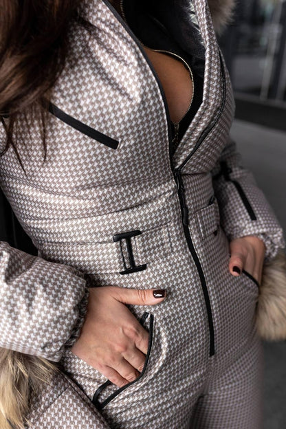Beige Milk Houndstooth Women And Kids Ski Jumpsuit with Bag Mittens and Suspenders Insulated Winter Snow Suit