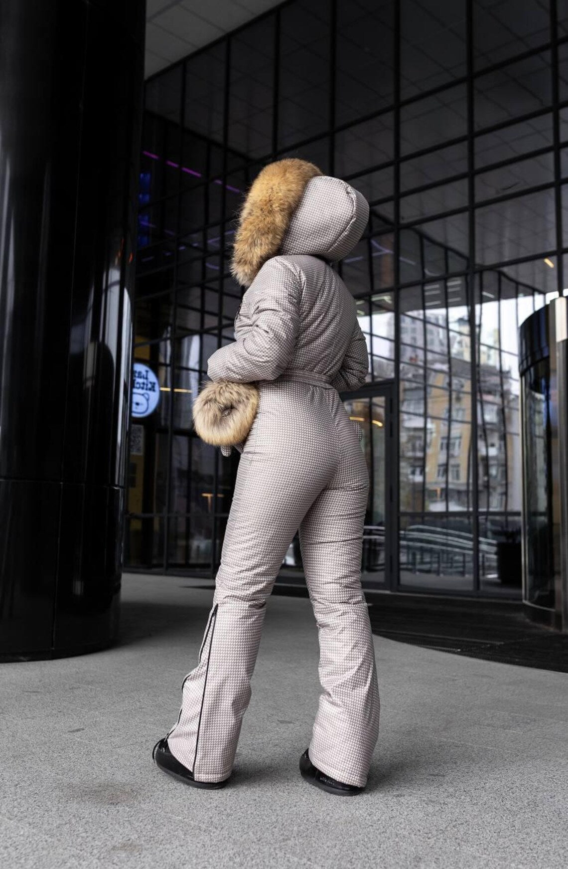 Beige Milk Houndstooth Women And Kids Ski Jumpsuit with Bag Mittens and Suspenders Insulated Winter Snow Suit