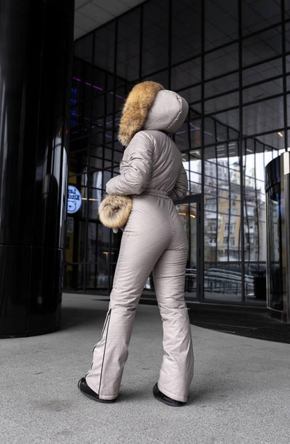 Beige Milk Houndstooth Women And Kids Ski Jumpsuit with Bag Mittens and Suspenders Insulated Winter Snow Suit