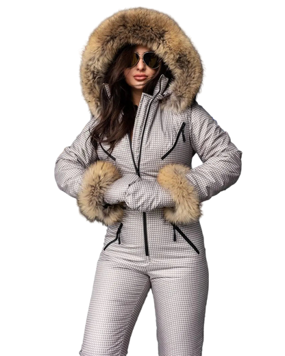 Beige Milk Houndstooth Women And Kids Ski Jumpsuit with Bag Mittens and Suspenders Insulated Winter Snow Suit