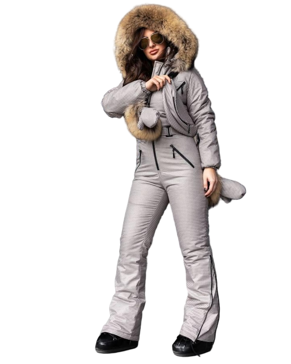 Beige Milk Houndstooth Women And Kids Ski Jumpsuit with Bag Mittens and Suspenders Insulated Winter Snow Suit