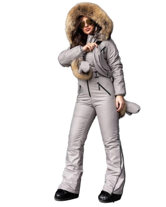 Beige Milk Houndstooth Women And Kids Ski Jumpsuit with Bag Mittens and Suspenders Insulated Winter Snow Suit