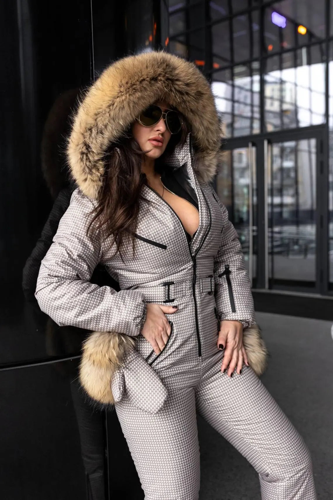 Beige Milk Houndstooth Women And Kids Ski Jumpsuit with Bag Mittens and Suspenders Insulated Winter Snow Suit