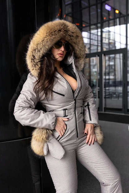 Beige Milk Houndstooth Women And Kids Ski Jumpsuit with Bag Mittens and Suspenders Insulated Winter Snow Suit