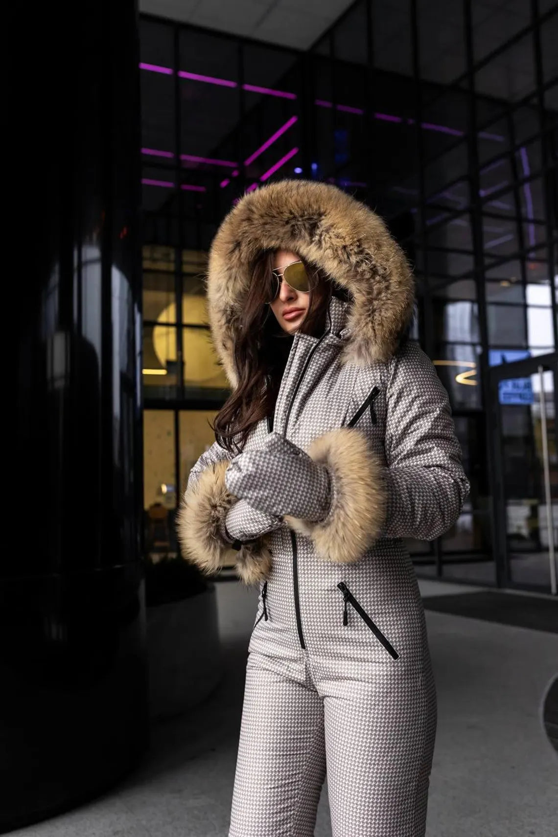 Beige Milk Houndstooth Women And Kids Ski Jumpsuit with Bag Mittens and Suspenders Insulated Winter Snow Suit