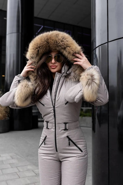 Beige Milk Houndstooth Women And Kids Ski Jumpsuit with Bag Mittens and Suspenders Insulated Winter Snow Suit