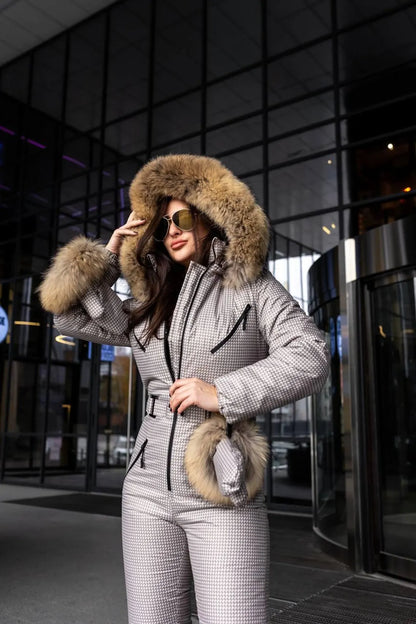 Beige Milk Houndstooth Women And Kids Ski Jumpsuit with Bag Mittens and Suspenders Insulated Winter Snow Suit