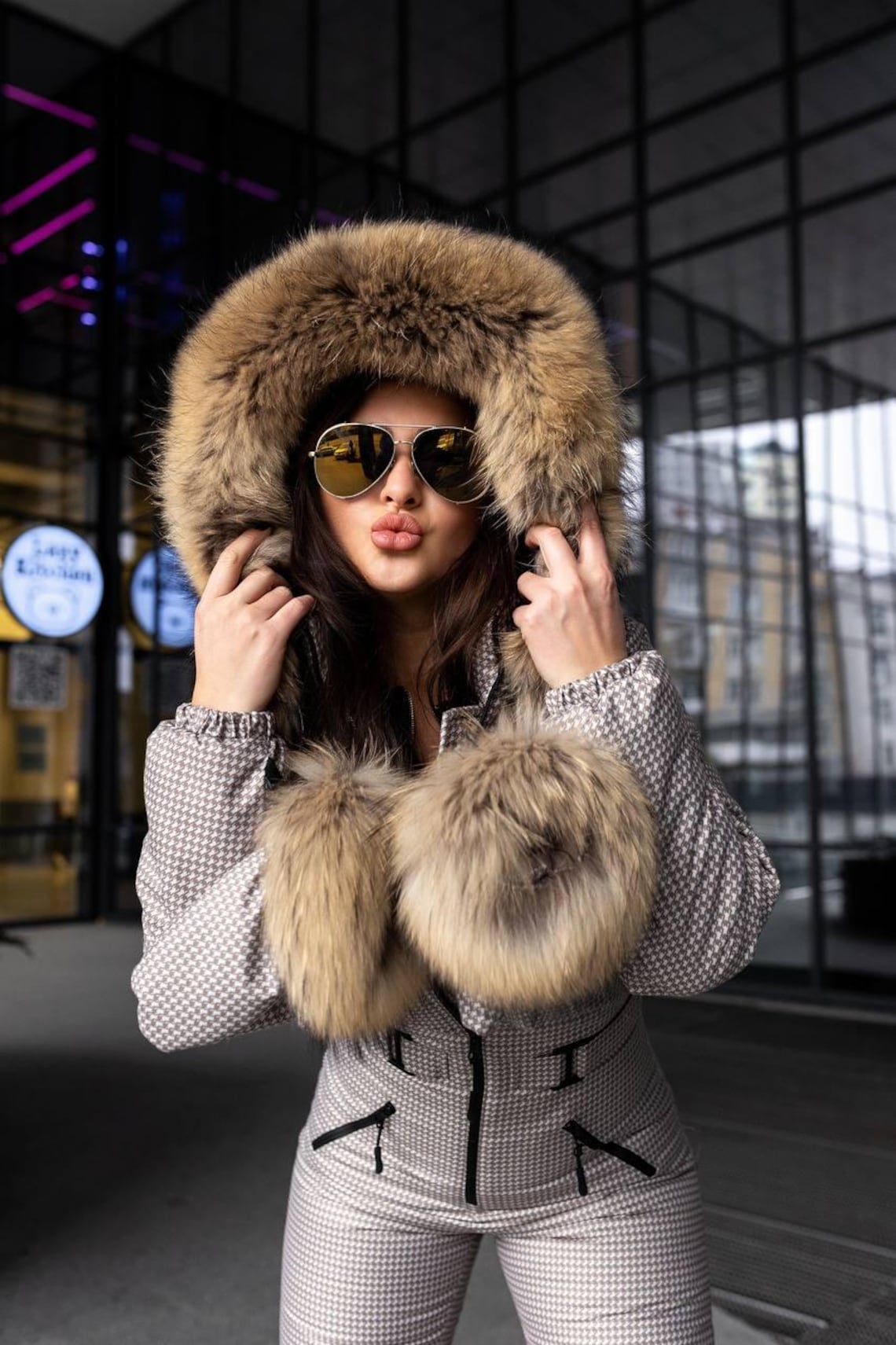 Beige Milk Houndstooth Women And Kids Ski Jumpsuit with Bag Mittens and Suspenders Insulated Winter Snow Suit