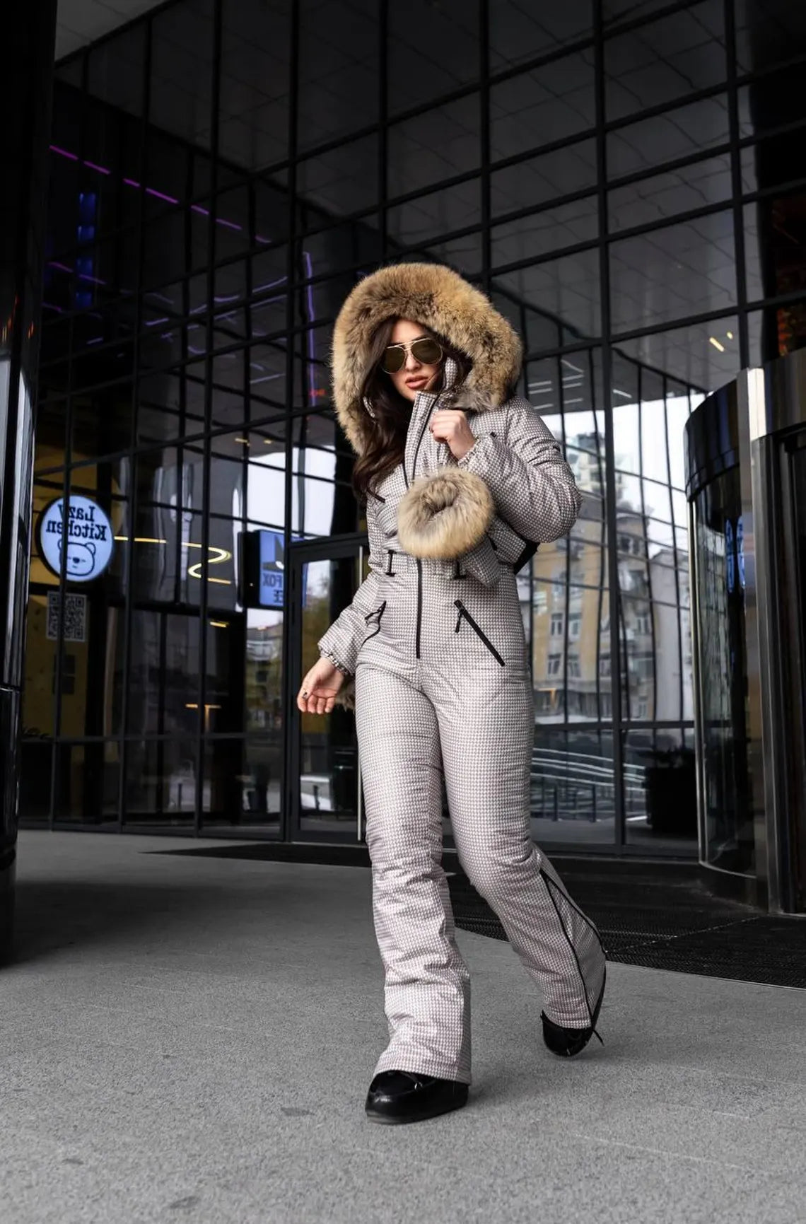 Beige Milk Houndstooth Women And Kids Ski Jumpsuit with Bag Mittens and Suspenders Insulated Winter Snow Suit