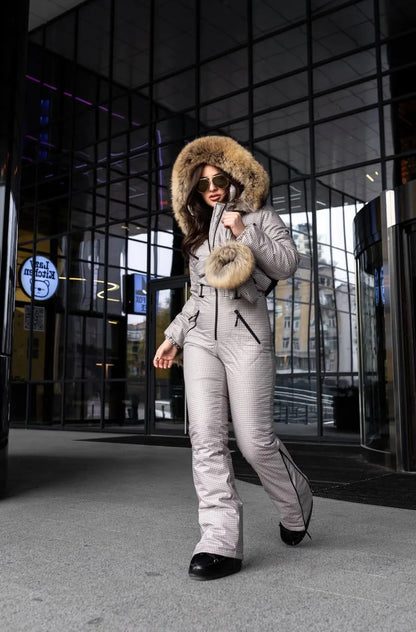 Beige Milk Houndstooth Women And Kids Ski Jumpsuit with Bag Mittens and Suspenders Insulated Winter Snow Suit