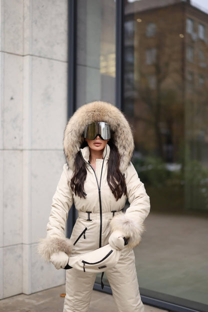 Beige Women And Kids Ski Jumpsuit with Belt Mittens and Bag Insulated Winter Snow Suit