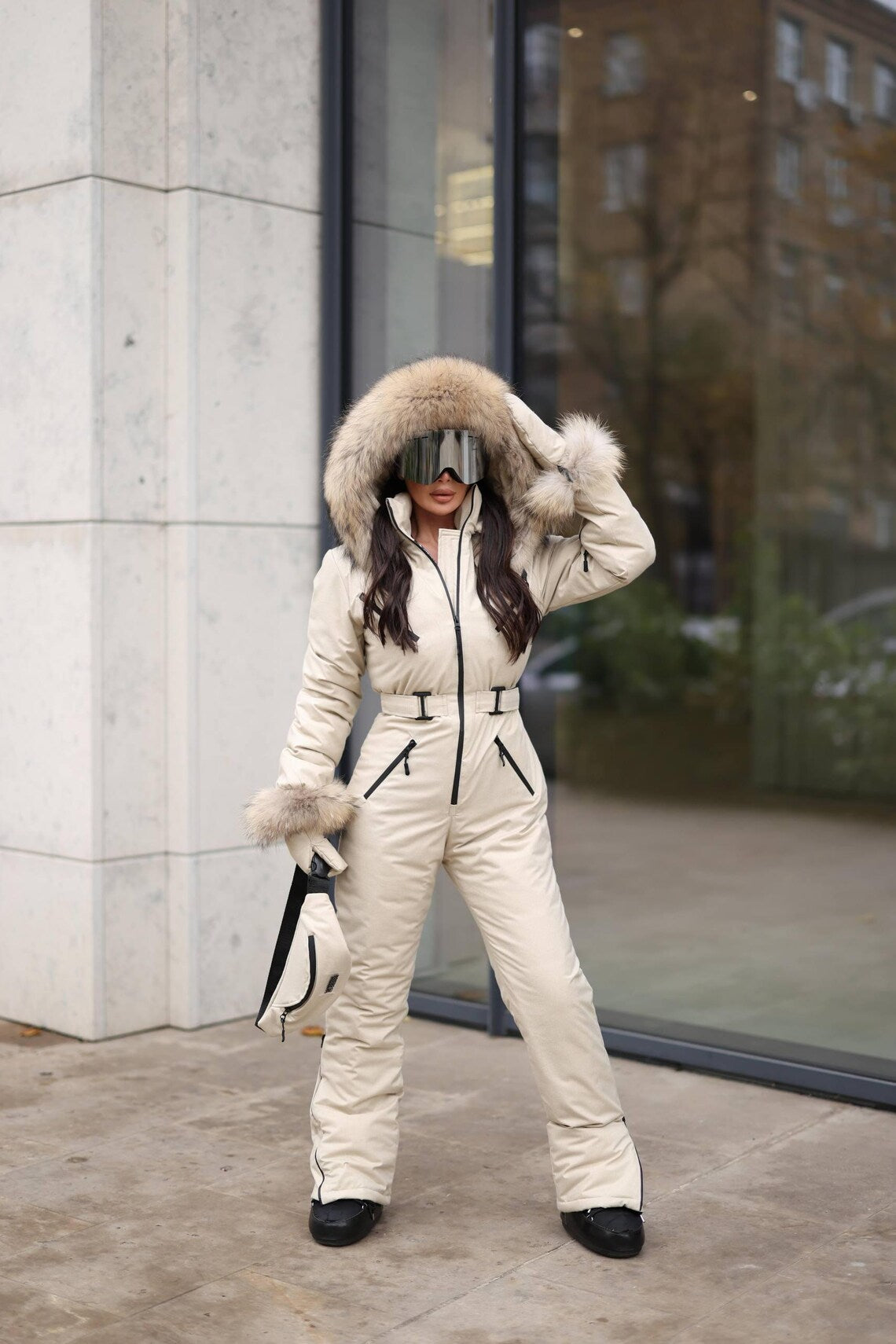 Beige Women And Kids Ski Jumpsuit with Belt Mittens and Bag Insulated Winter Snow Suit