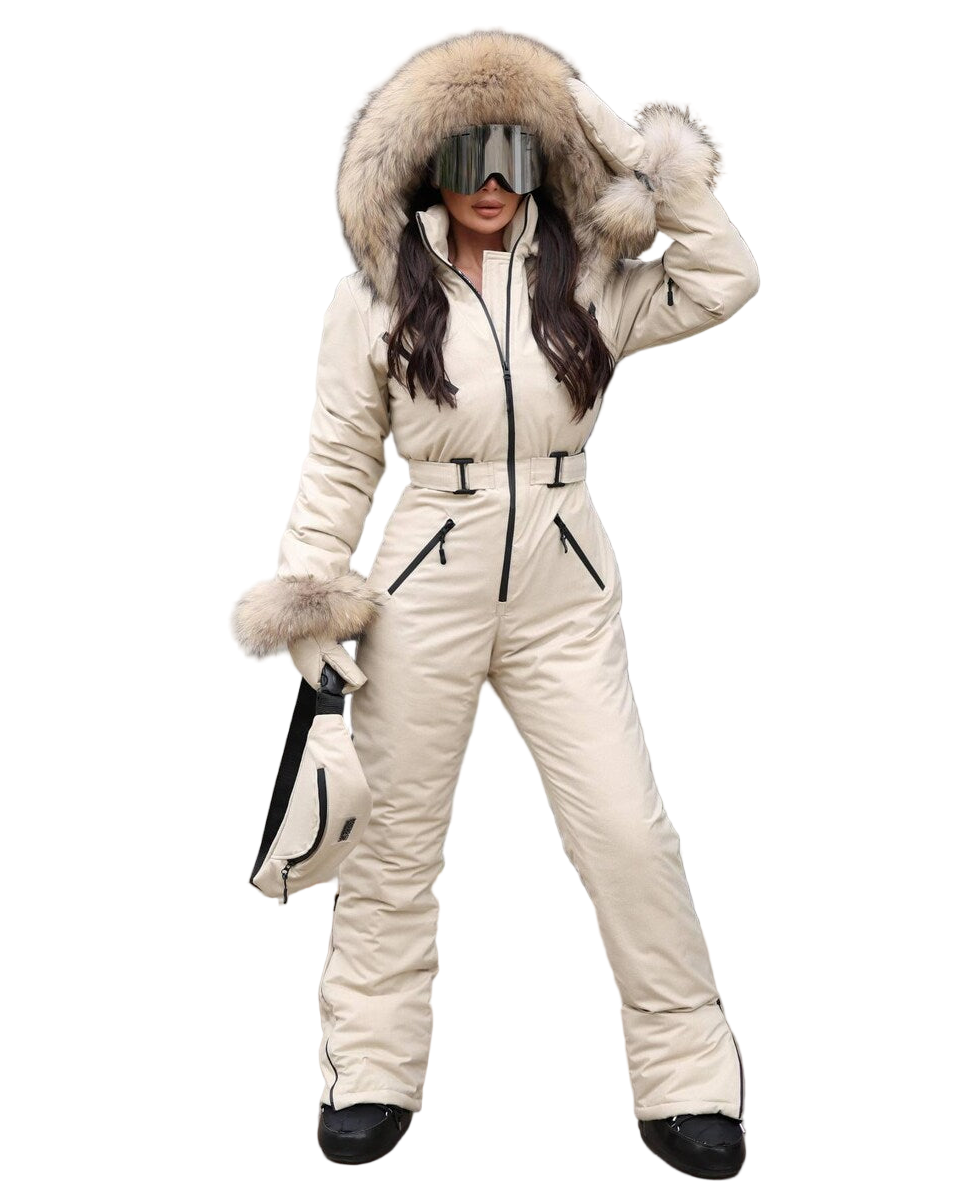 Beige Women And Kids Ski Jumpsuit with Belt Mittens and Bag Insulated Winter Snow Suit