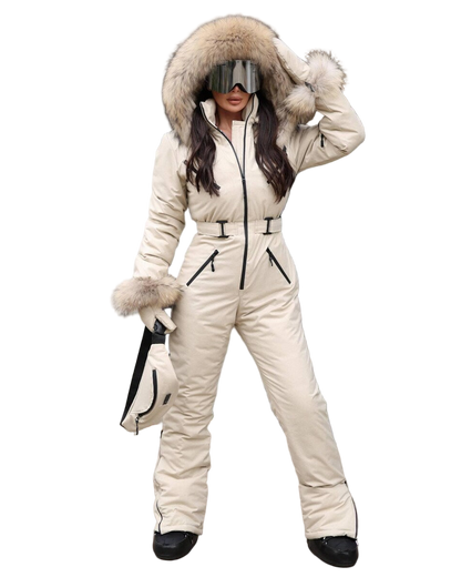 Beige Women And Kids Ski Jumpsuit with Belt Mittens and Bag Insulated Winter Snow Suit