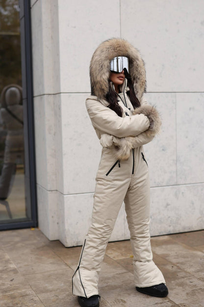 Beige Women And Kids Ski Jumpsuit with Belt Mittens and Bag Insulated Winter Snow Suit
