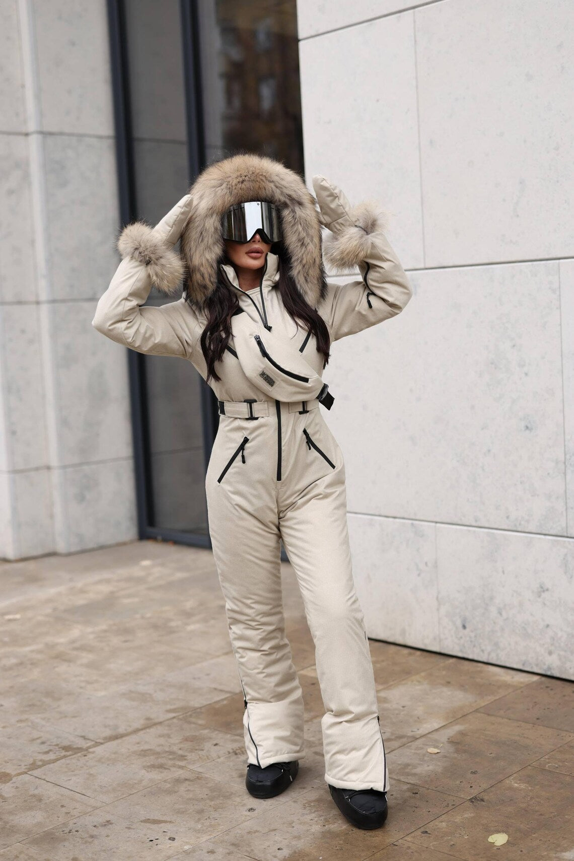 Beige Women And Kids Ski Jumpsuit with Belt Mittens and Bag Insulated Winter Snow Suit