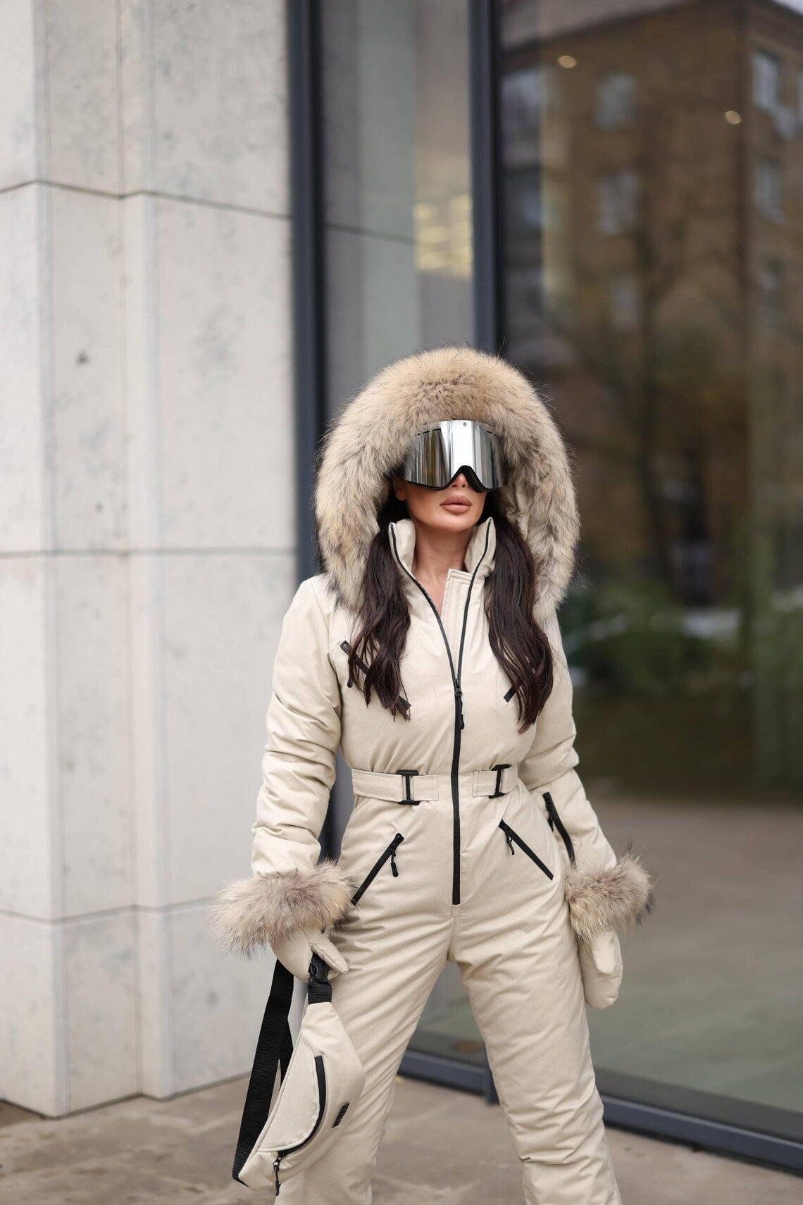 Beige Women And Kids Ski Jumpsuit with Belt Mittens and Bag Insulated Winter Snow Suit