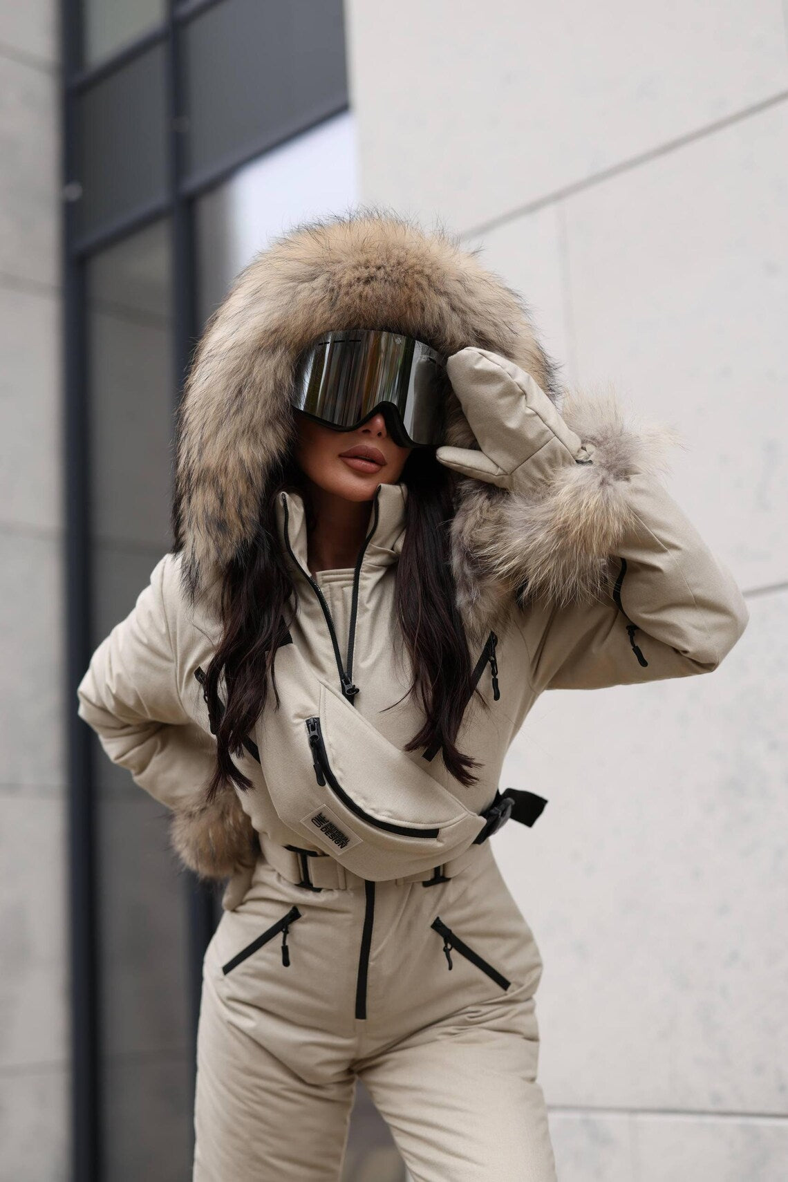 Beige Women And Kids Ski Jumpsuit with Belt Mittens and Bag Insulated Winter Snow Suit